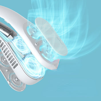 Bladeless neck fan close up view USB rechargeable wearable cooling