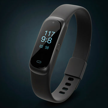 Black smartwatch with a digital display on a dark background
