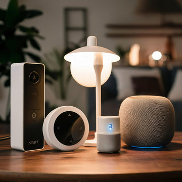 Smart home devices including a lamp, remote control, and speakers on a wooden surface.