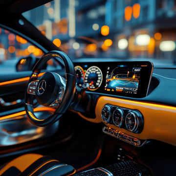 Car interior with dashboard display and steering wheel, blurred city lights in the background