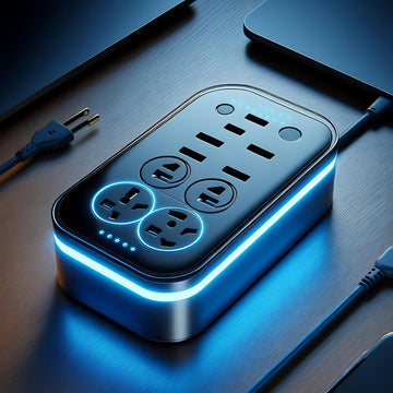 Power strip with multiple outlets on a wooden surface