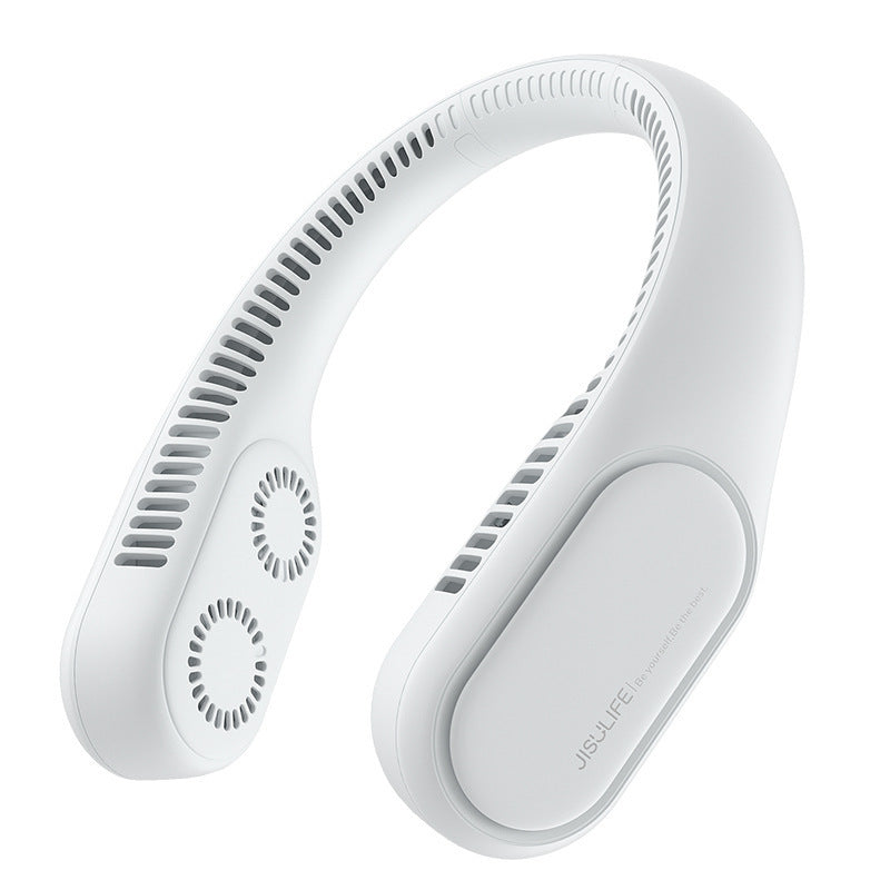 Bladeless neck fan on model showing wearable design