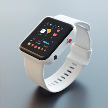 White smartwatch with a colorful display on a gray background