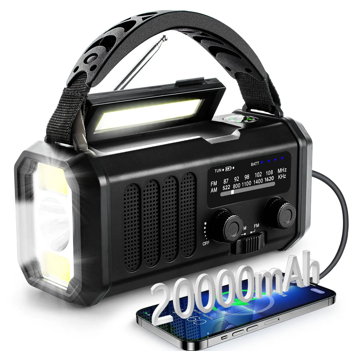 Emergency radio with crank & solar, 10000mAh power bank, flashlight & compass, FM/AM/WB, portable for outdoor use Digispots