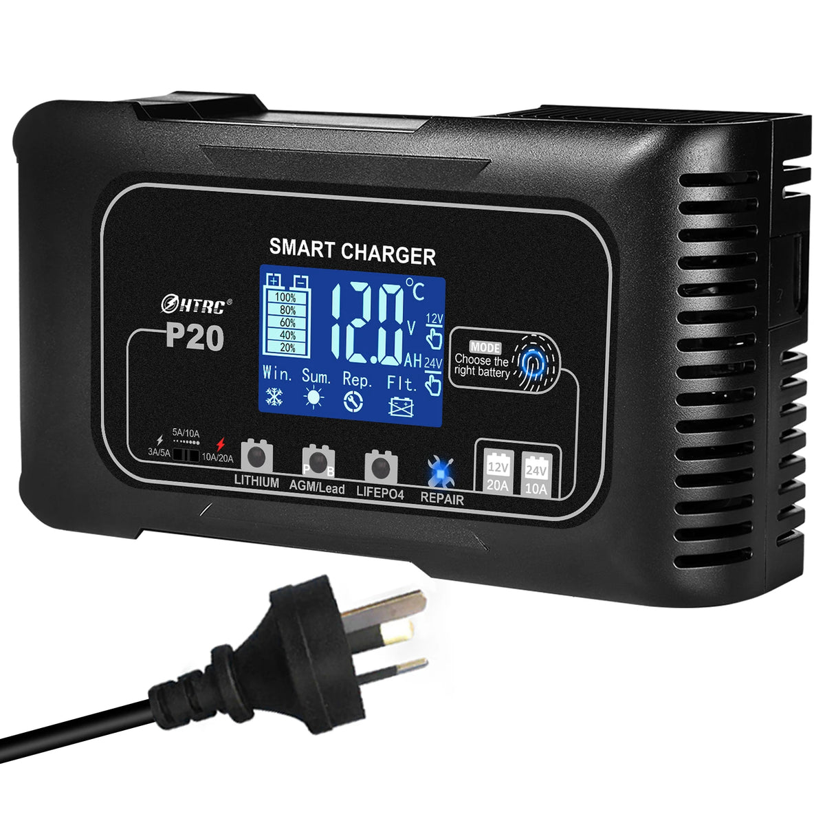 HTRC 20A 12V-24V Smart Battery Charger for Motorcycle Car Battery Repair Auto Moto Lead Acid AGM GEL PB Lithium LiFePo4 Batteri Digispots