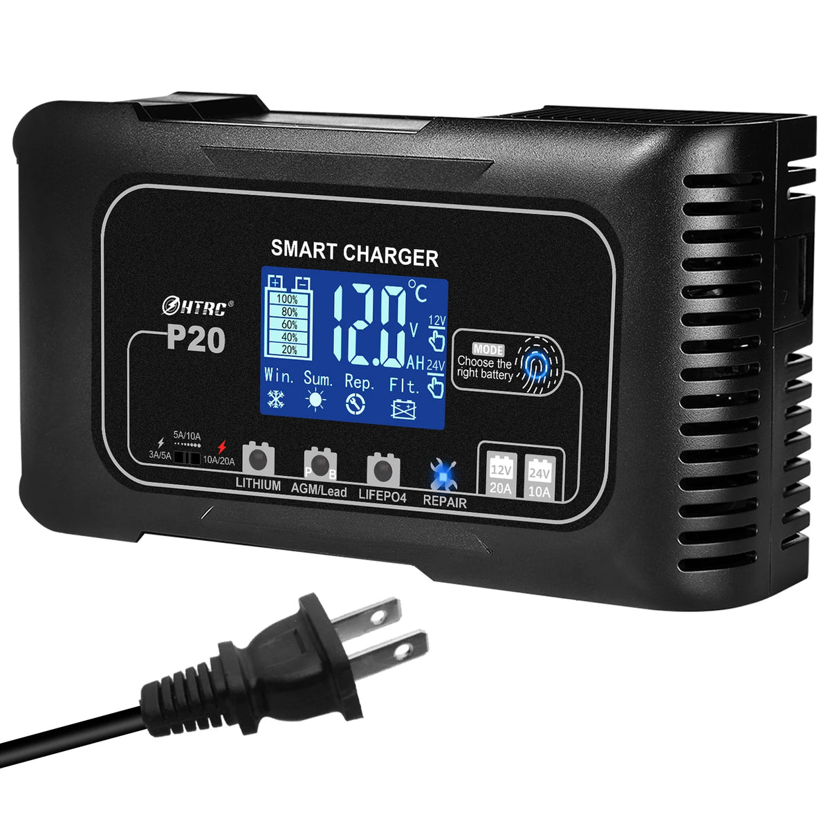 HTRC 20A 12V-24V Smart Battery Charger for Motorcycle Car Battery Repair Auto Moto Lead Acid AGM GEL PB Lithium LiFePo4 Batteri Digispots