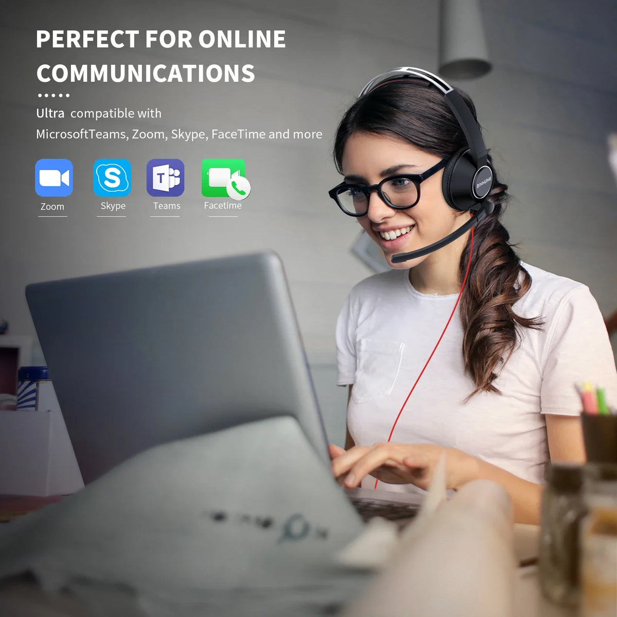 Headset worn in office call centre use demonstration