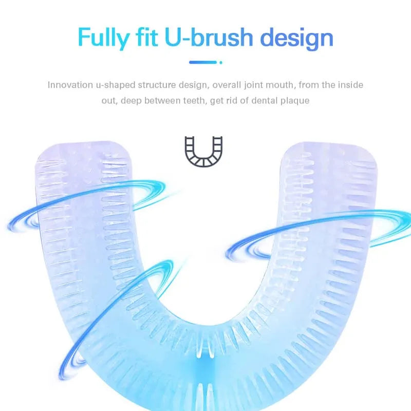 U-shape toothbrush in use brushing teeth demonstration