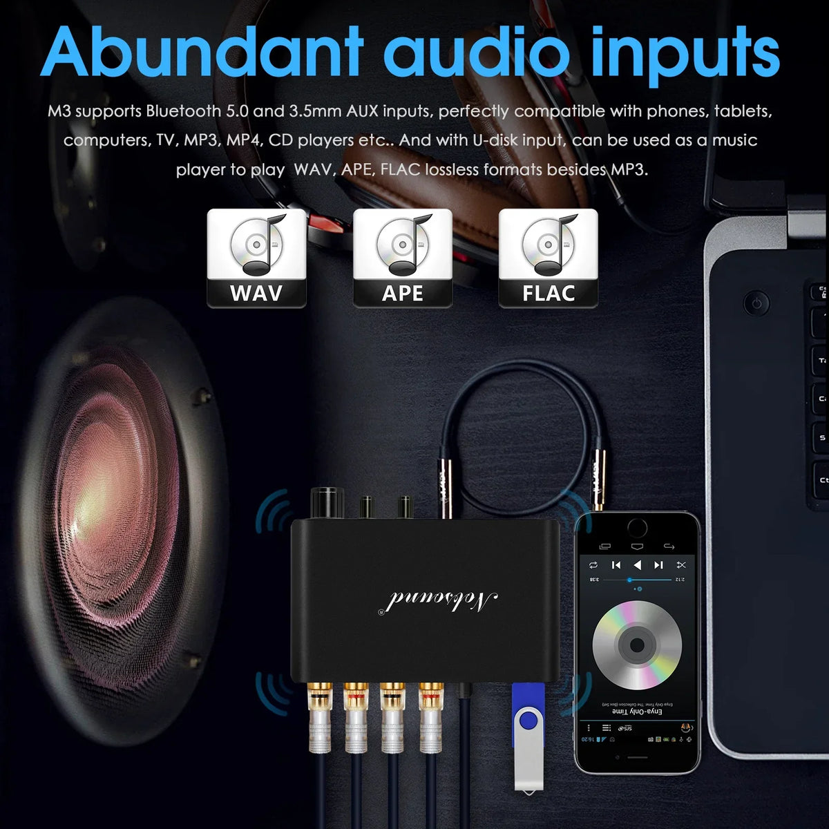 Nobsound M3 Mini Bluetooth 5.0 Digital Amplifier Home/Car/Marine Speaker Amp TPA3116 Class D Bass Amplifier USB Player 50W×2 Digispots