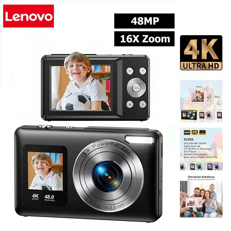 Lenovo 4K Digital Camera – 48MP, Dual Screen, Auto Focus, 16x Zoom & 64GB SD Card Digispots