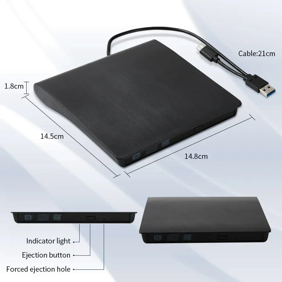 External CD Player Type-C USB 3.0 2 in 1 Portable Optical Drives DVD Burner CD RW ROM Reader Writer Recorder for Desktop Laptop Digispots