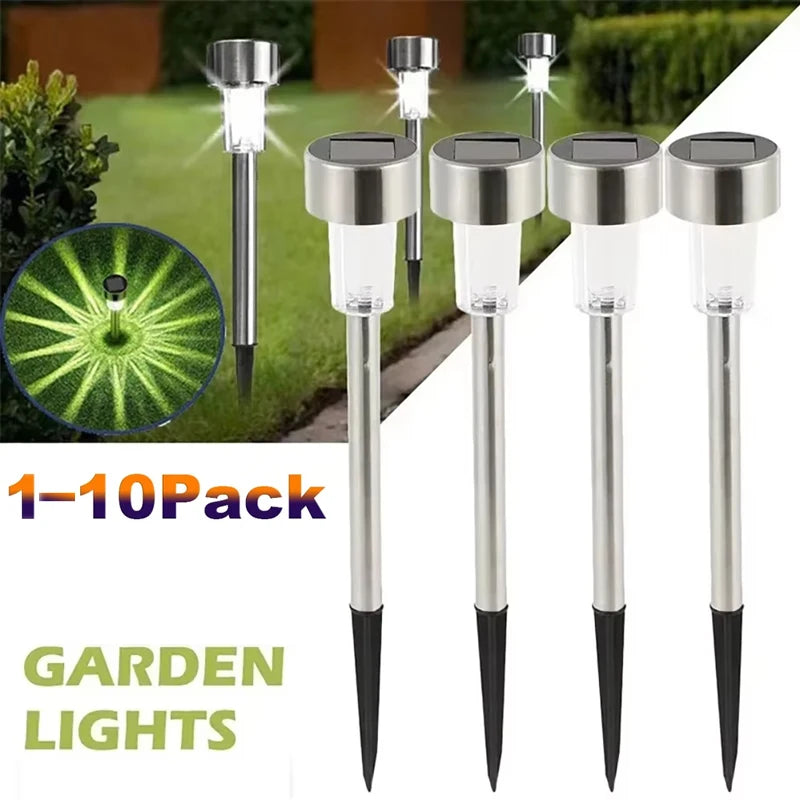 Solar garden path lights glowing in dark yard