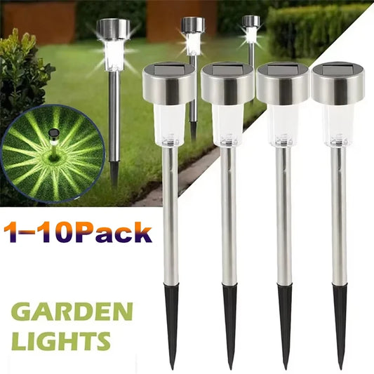 Solar garden path lights glowing in dark yard