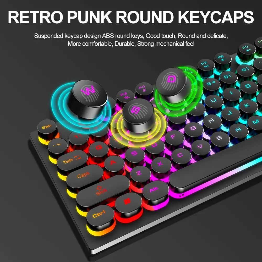 T-WOLF T80 Gaming Keyboard Wired Luminous Laptop Office Pink Punk Retro Keyboard Character Transparent Punk Round Keycaps Digispots
