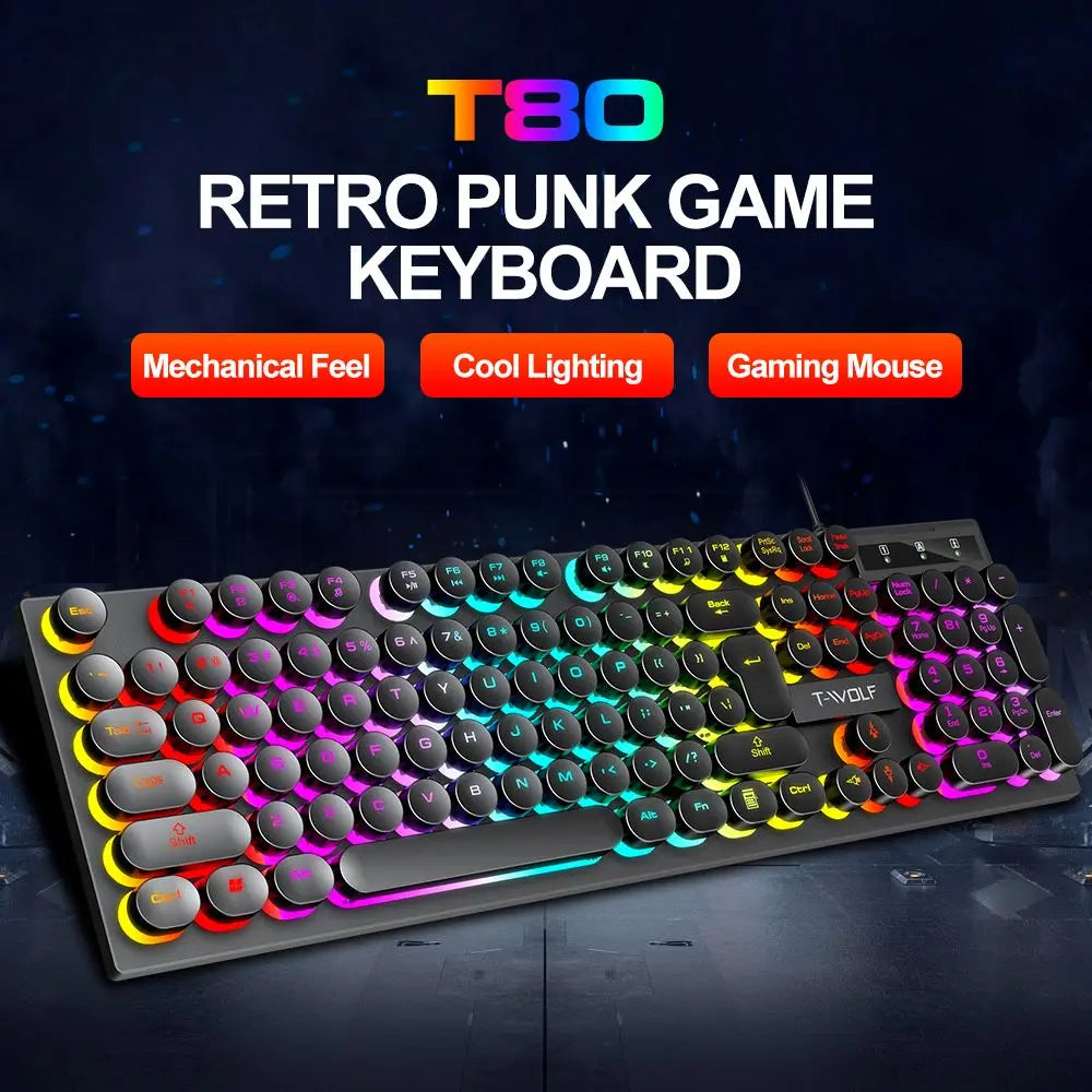 T-WOLF T80 Gaming Keyboard Wired Luminous Laptop Office Pink Punk Retro Keyboard Character Transparent Punk Round Keycaps Digispots