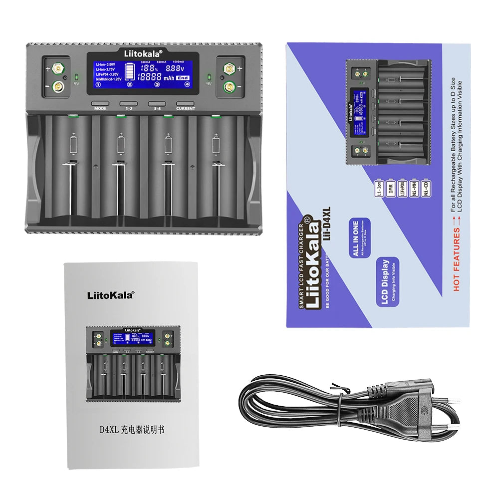 LiitoKala Lii-D4XL Smart Battery Charger – AA, AAA, 9V, Li-ion, LiFePO4 & NiMH Digispots