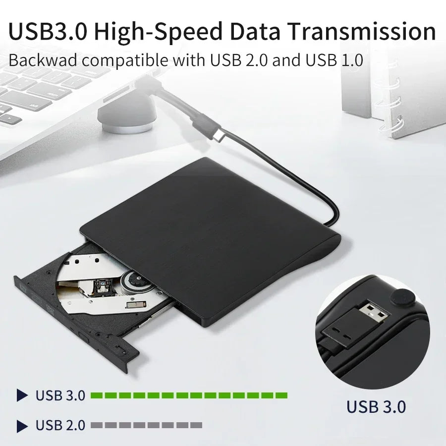 External CD Player Type-C USB 3.0 2 in 1 Portable Optical Drives DVD Burner CD RW ROM Reader Writer Recorder for Desktop Laptop Digispots