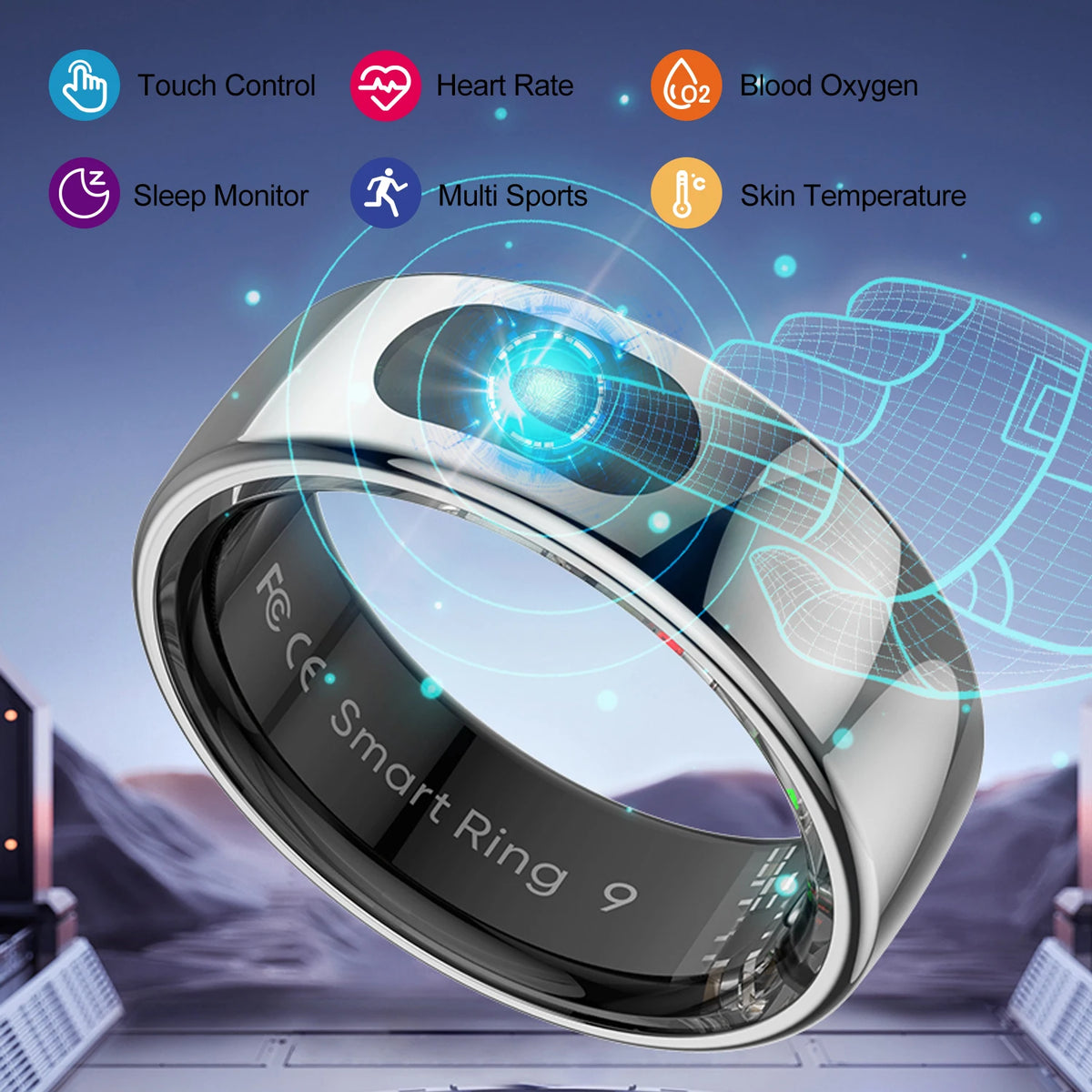 R08 smart ring gold colour health monitor on finger