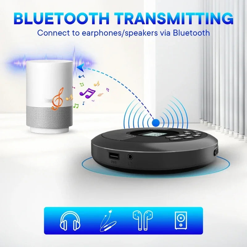 Portable CD Player – Bluetooth, Built-in Speaker, USB/MP3 & Rechargeable Battery Digispots