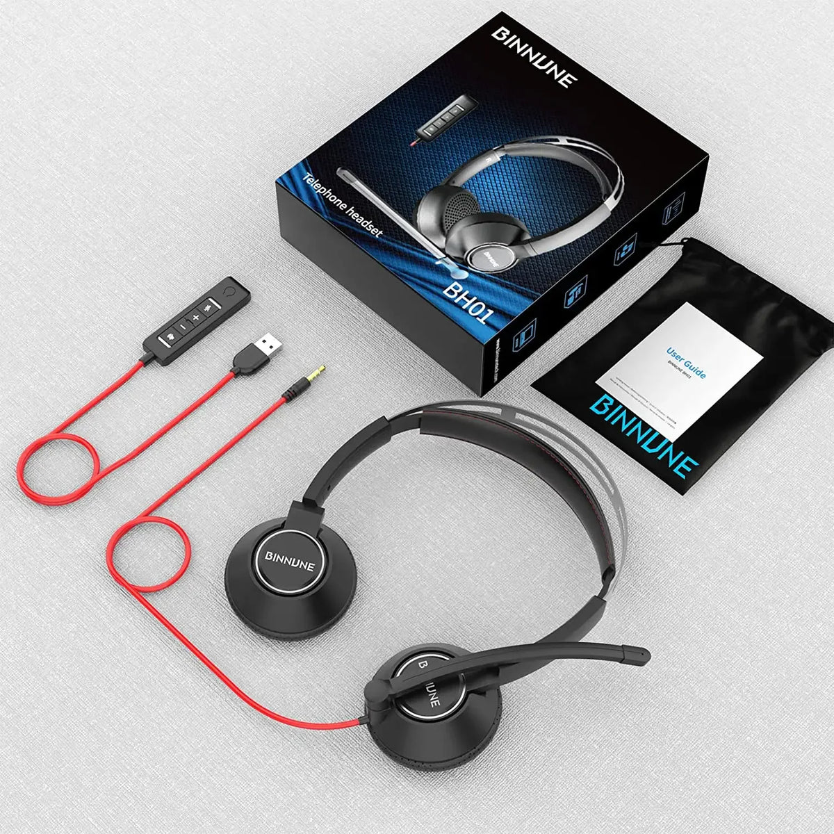 Wired office headset package contents and cable