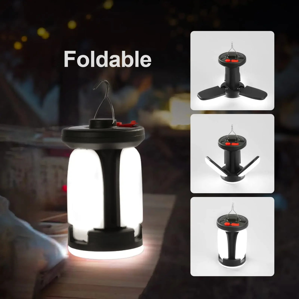LED lantern hanging from tent hook camping