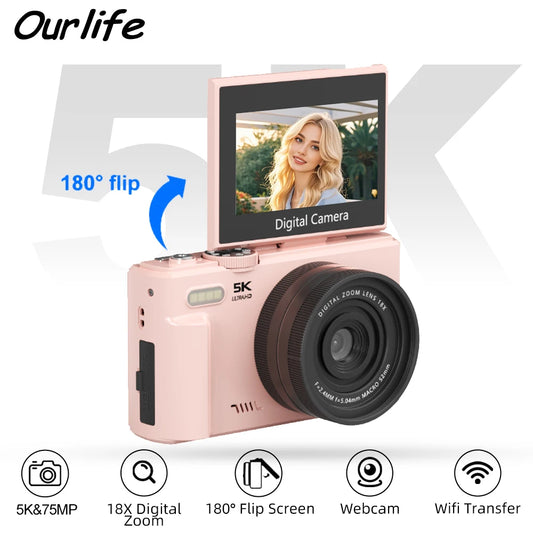 Ourlife 5K Vlog Camera – 180° Flip Screen, Built-in Flash & Multiple Shooting Modes Digispots