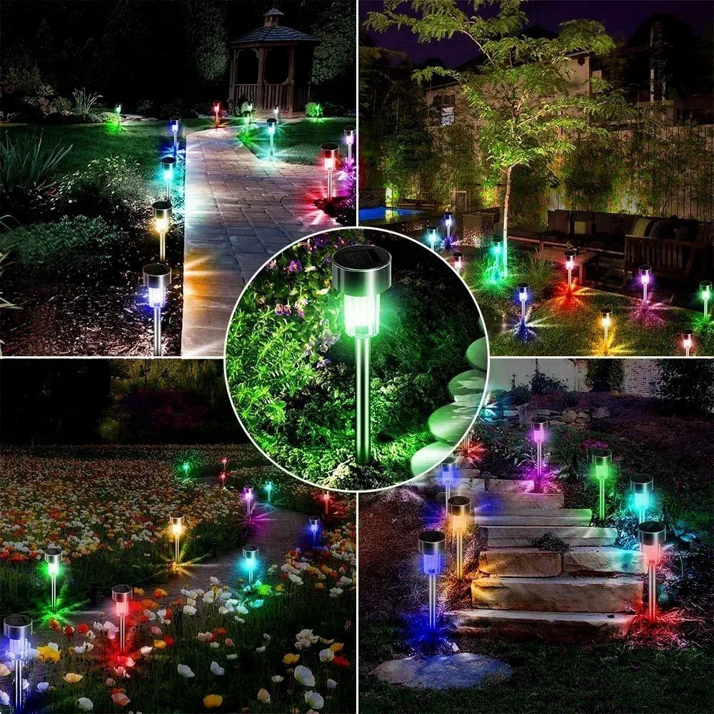 Path lights warm white glow evening garden ambiance