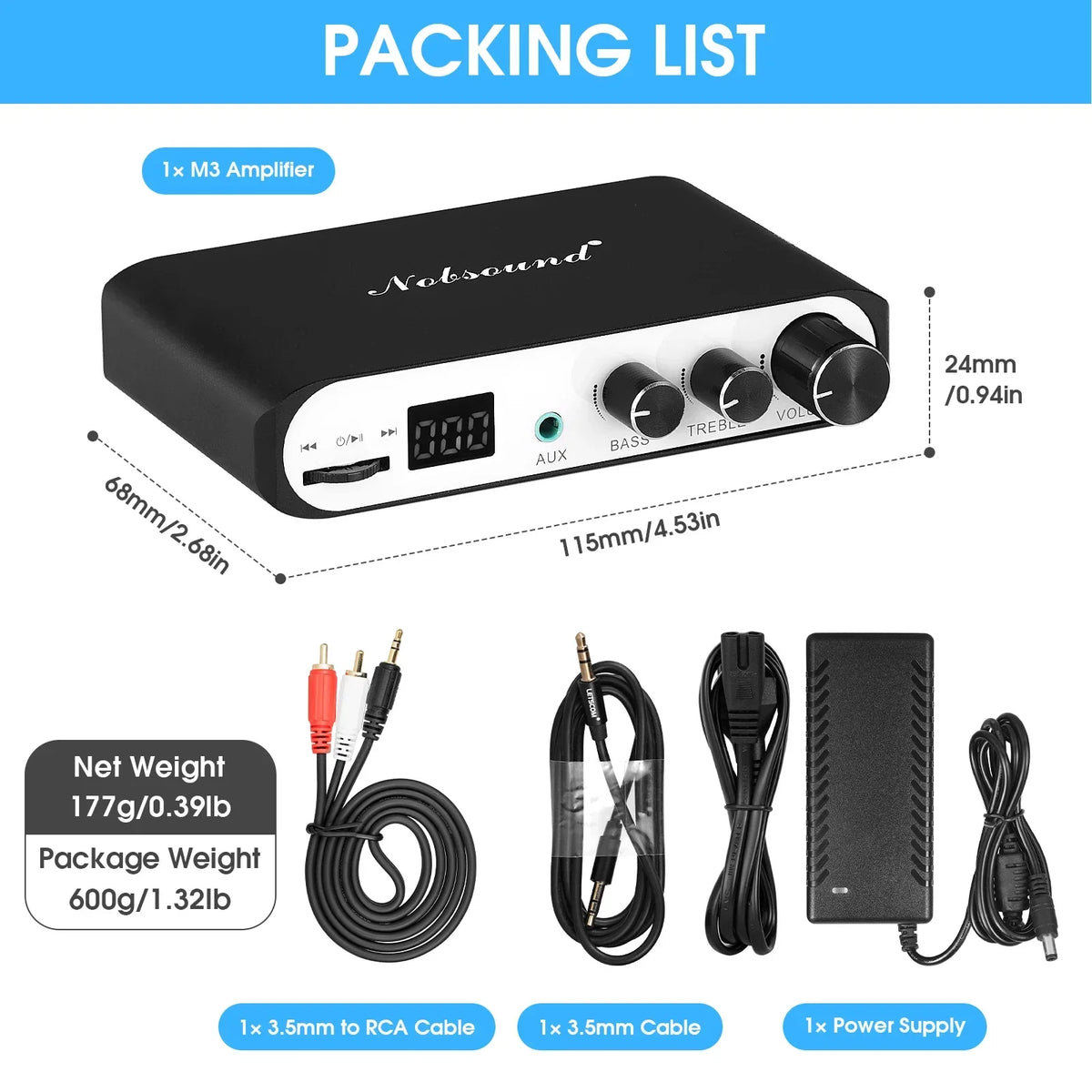 Nobsound M3 Mini Bluetooth 5.0 Digital Amplifier Home/Car/Marine Speaker Amp TPA3116 Class D Bass Amplifier USB Player 50W×2 Digispots