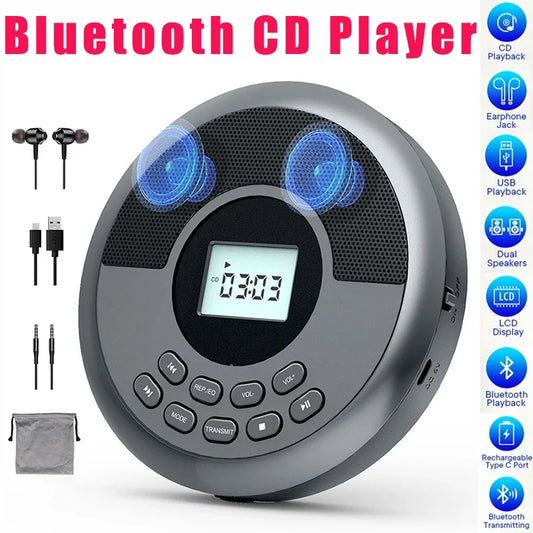 Portable CD Player – Bluetooth, Built-in Speaker, USB/MP3 & Rechargeable Battery Digispots