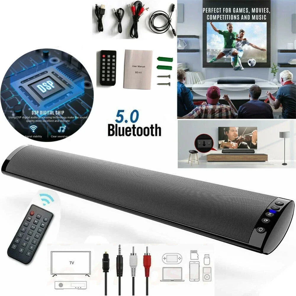 Home Theater Bluetooth Soundbar – 3D Surround Sound, RCA, FM Radio & Wireless Digispots