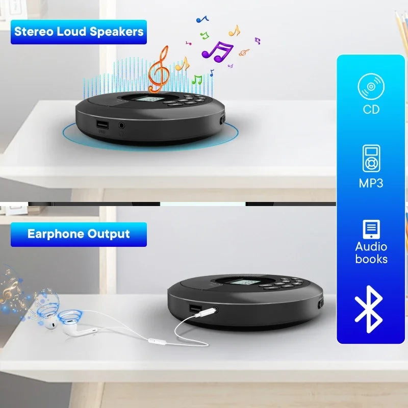 Portable CD Player – Bluetooth, Built-in Speaker, USB/MP3 & Rechargeable Battery Digispots