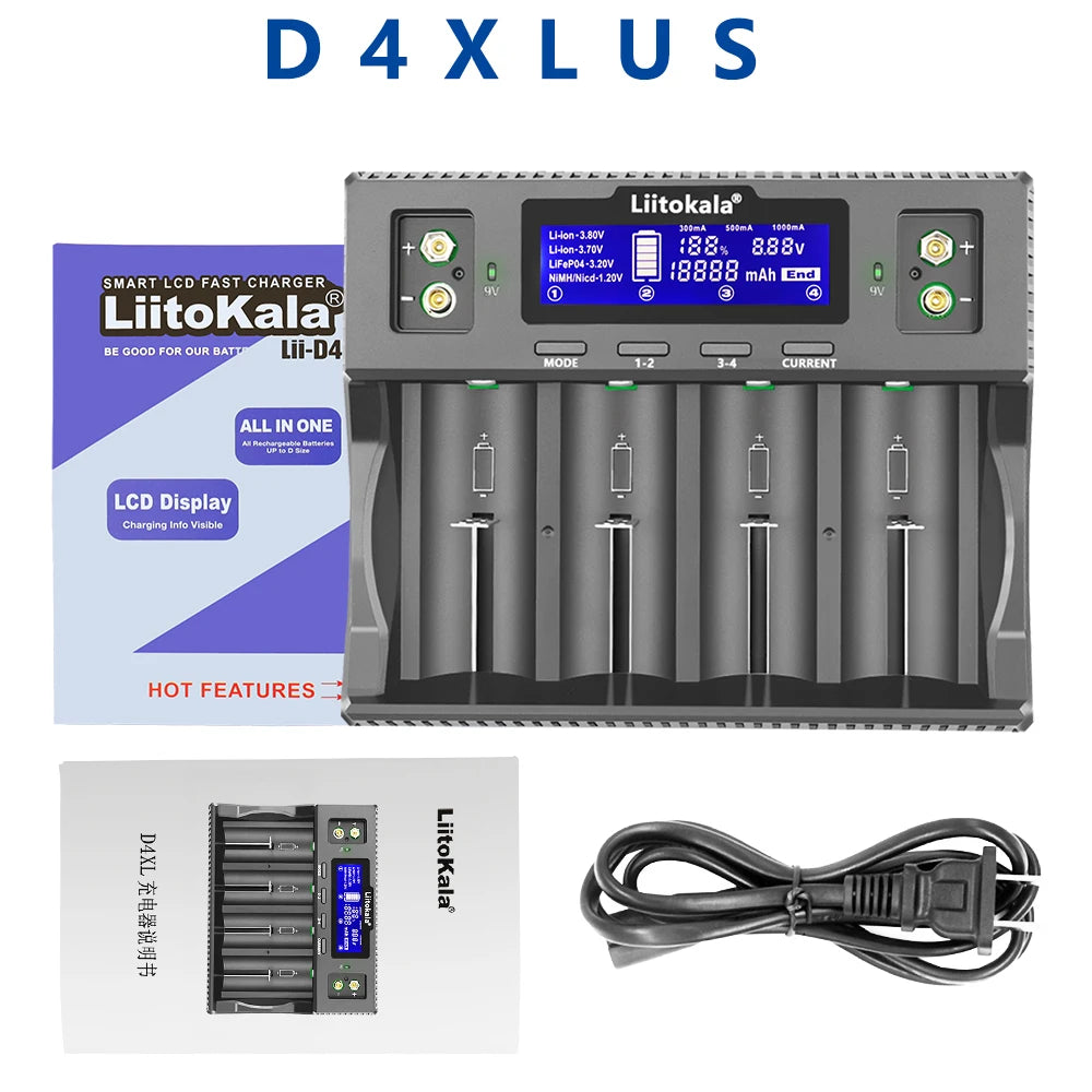 LiitoKala Lii-D4XL Smart Battery Charger – AA, AAA, 9V, Li-ion, LiFePO4 & NiMH Digispots