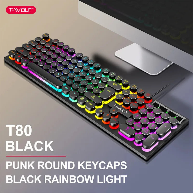 T-WOLF T80 Gaming Keyboard Wired Luminous Laptop Office Pink Punk Retro Keyboard Character Transparent Punk Round Keycaps Digispots