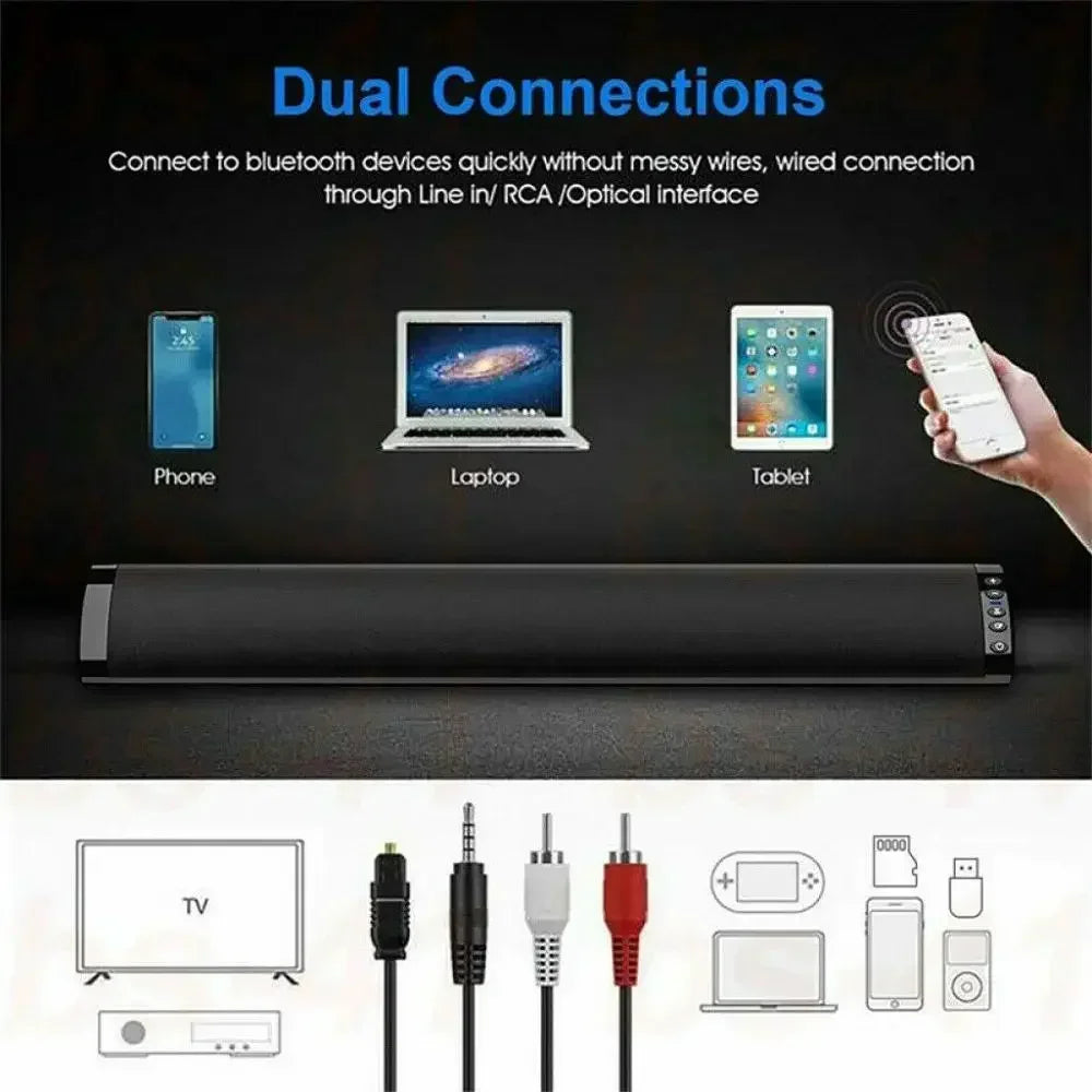 Home Theater Bluetooth Soundbar – 3D Surround Sound, RCA, FM Radio & Wireless Digispots