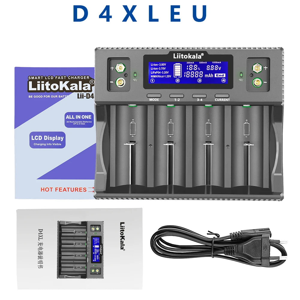 LiitoKala Lii-D4XL Smart Battery Charger – AA, AAA, 9V, Li-ion, LiFePO4 & NiMH Digispots