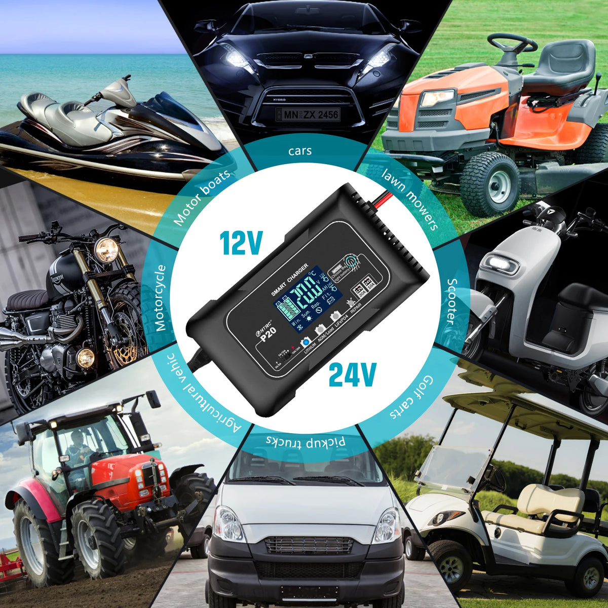 HTRC 20A 12V-24V Smart Battery Charger for Motorcycle Car Battery Repair Auto Moto Lead Acid AGM GEL PB Lithium LiFePo4 Batteri Digispots