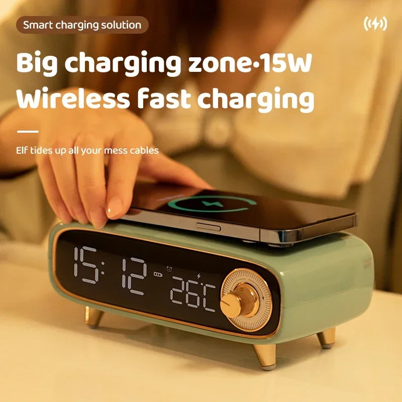 6-in-1 Bedside Charging Station – Bluetooth Speaker, 15W Wireless Charger, Night Light, Alarm Clock & Temperature Display Digispots
