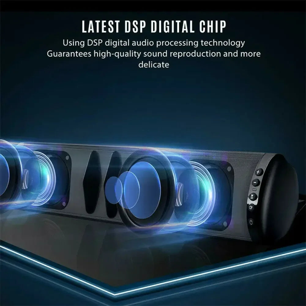 Home Theater Bluetooth Soundbar – 3D Surround Sound, RCA, FM Radio & Wireless Digispots