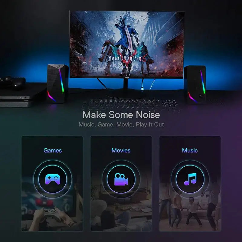 Redragon GS510 Waltz RGB Desktop Speakers – 2.0 Channel Stereo with 4 LED Backlight Modes Digispots