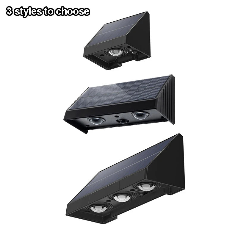 Outdoor solar porch light glowing at night on wall