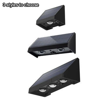 Outdoor solar porch light glowing at night on wall