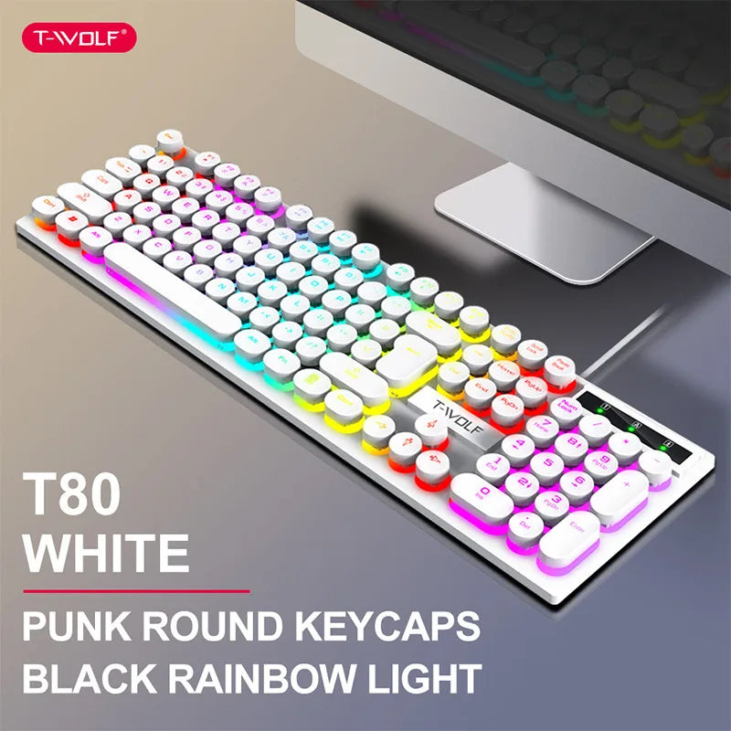 T-WOLF T80 Gaming Keyboard Wired Luminous Laptop Office Pink Punk Retro Keyboard Character Transparent Punk Round Keycaps Digispots