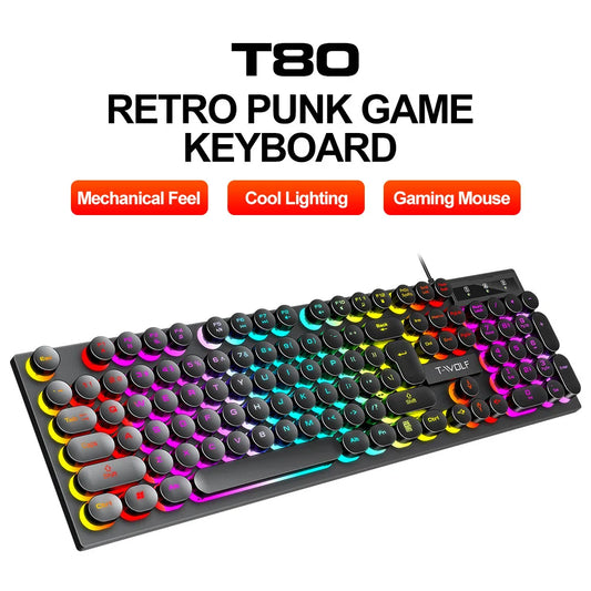 T-WOLF T80 Gaming Keyboard Wired Luminous Laptop Office Pink Punk Retro Keyboard Character Transparent Punk Round Keycaps Digispots