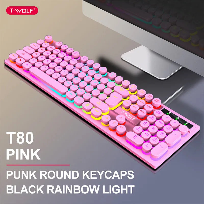 T-WOLF T80 Gaming Keyboard Wired Luminous Laptop Office Pink Punk Retro Keyboard Character Transparent Punk Round Keycaps Digispots