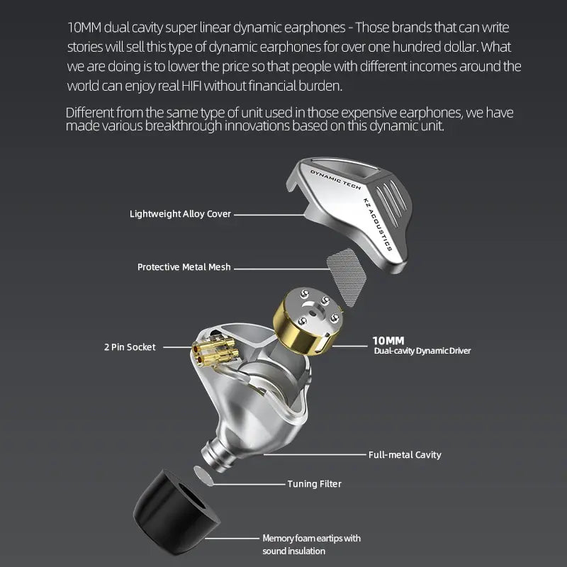 KZ ZVX Earphones Dynamic HIFI Bass Earbuds In Ear Monitor Headphones Sport Noise Cancelling Headset Digispots