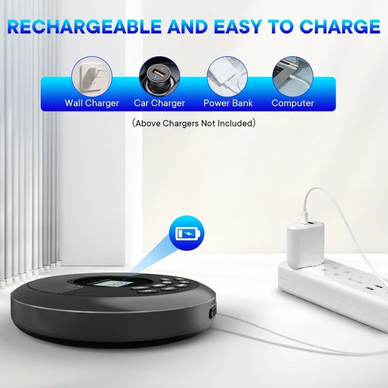 Portable CD Player – Bluetooth, Built-in Speaker, USB/MP3 & Rechargeable Battery Digispots