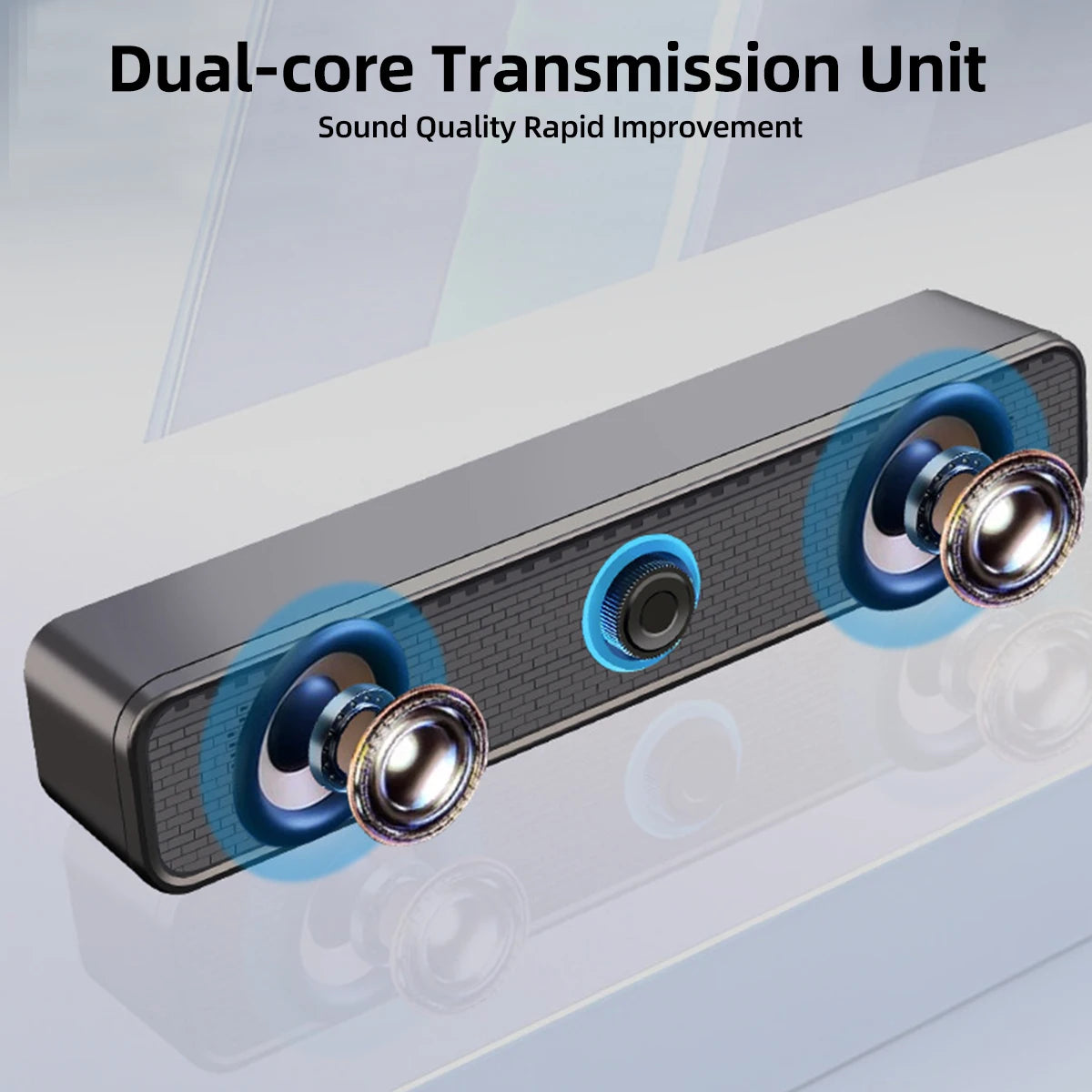 PC soundbar connected to laptop desktop setup