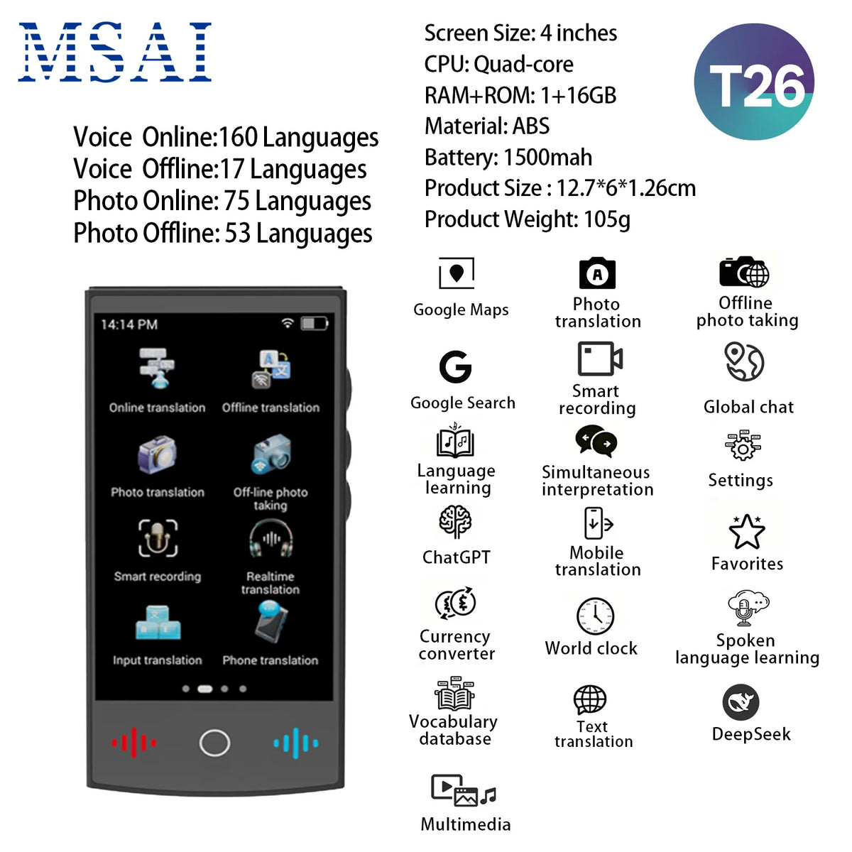 Travel Language Translator – 142 Languages, 5" HD Screen, ChatGPT & 10Hr Battery Digispots