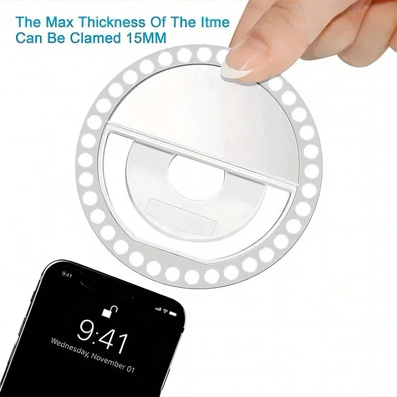 Clip-on ring light attached to smartphone screen