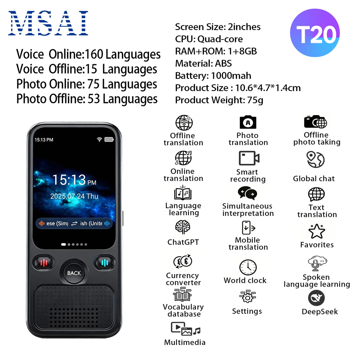 Travel Language Translator – 142 Languages, 5" HD Screen, ChatGPT & 10Hr Battery Digispots
